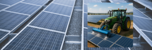 Tractor-mounted solar panel cleaning system operating on a large-scale solar farm
