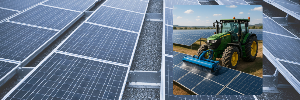 Tractor-mounted solar panel cleaning system operating on a large-scale solar farm